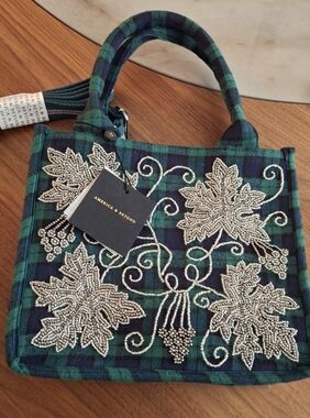 America & Beyond Beaded Plaid Tote in Green and Navy